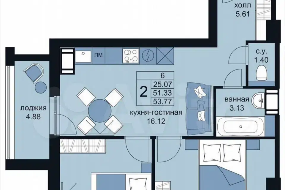 Продаётся 2-комнатная квартира, 53.7 м²