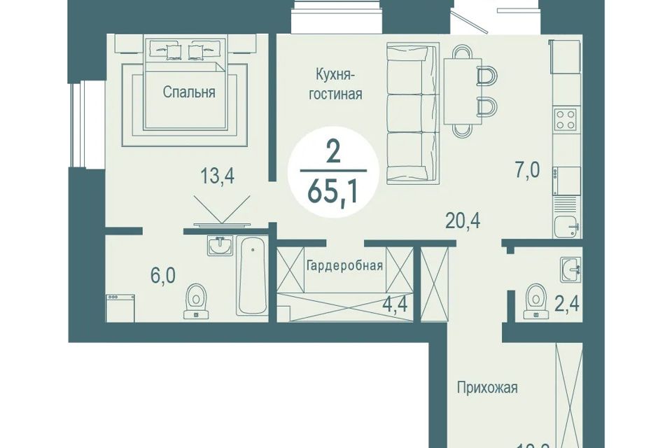 Продаётся 1-комнатная квартира, 65.1 м²