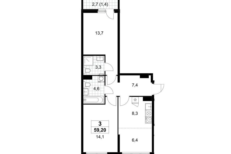 Продаётся 2-комнатная квартира, 59.2 м²