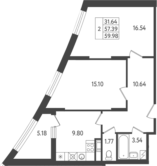 Продаётся 2-комнатная квартира, 59.9 м²