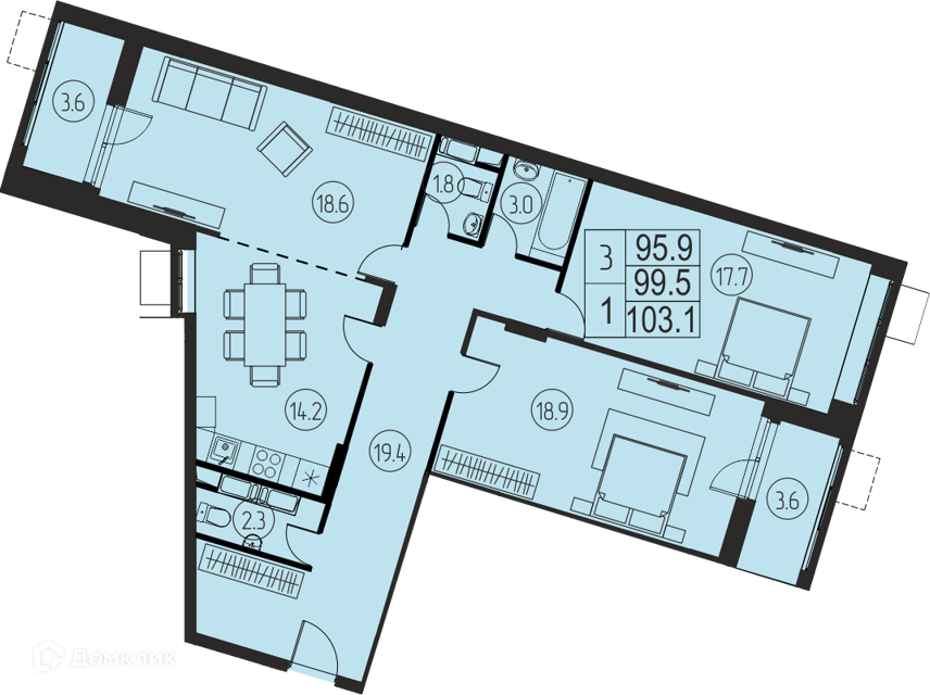 Продаётся 3-комнатная квартира, 99.5 м²