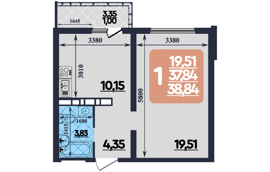 Продаётся 1-комнатная квартира, 39 м²