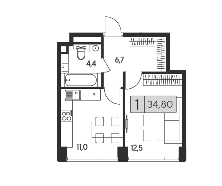 Продаётся 1-комнатная квартира, 34.8 м²