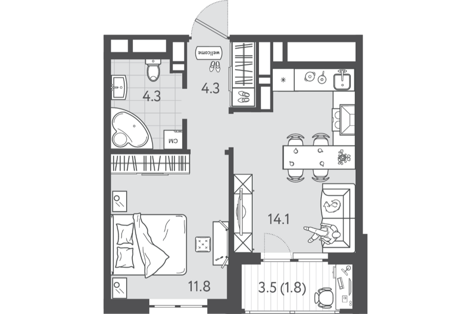 Продаётся 1-комнатная квартира, 34.35 м²