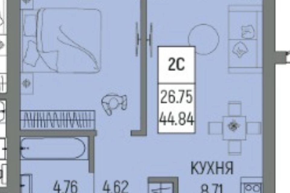 Продаётся 2-комнатная квартира, 44.84 м²