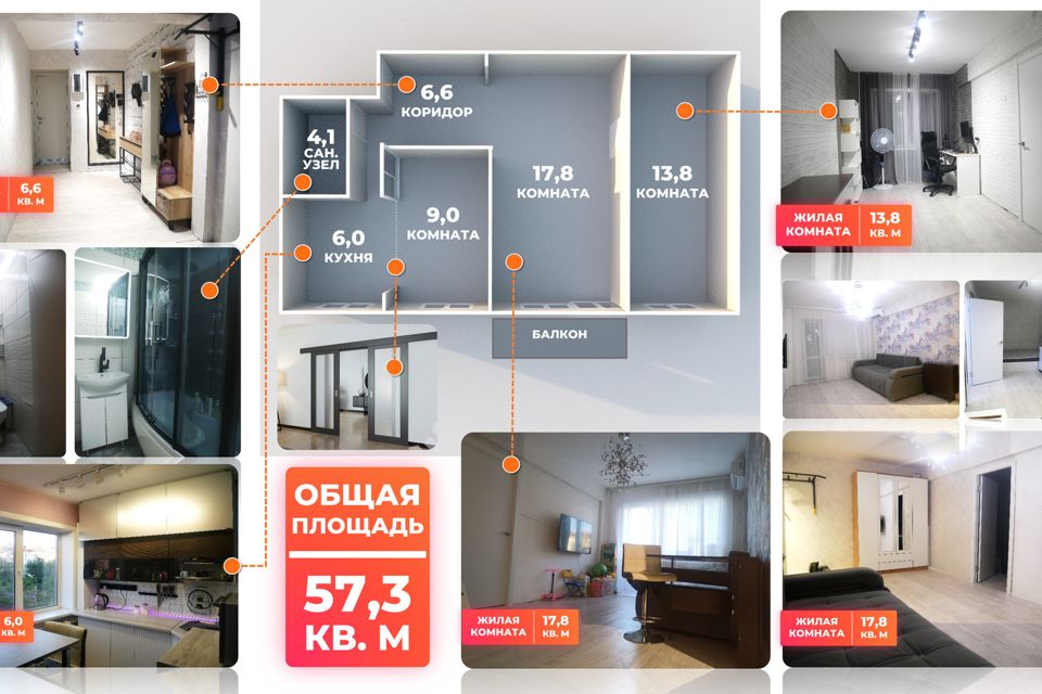 Продаётся 3-комнатная квартира, 57.3 м²