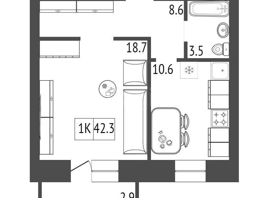 Продаётся 1-комнатная квартира, 42.6 м²
