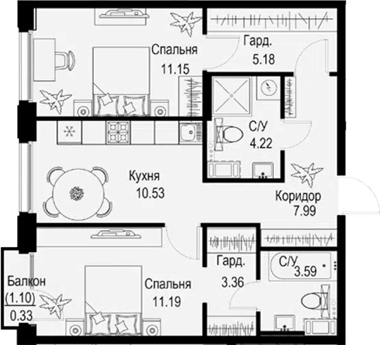 Продаётся 2-комнатная квартира, 57.21 м²