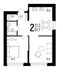 Продаётся 2-комнатная квартира, 61.1 м²