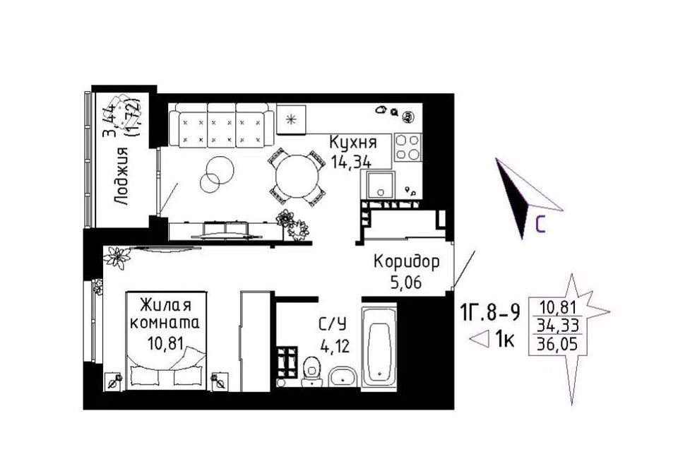 Продаётся 1-комнатная квартира, 36 м²