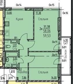 Продаётся 2-комнатная квартира, 56.7 м²