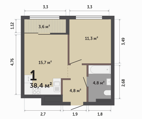 Продаётся 1-комнатная квартира, 38.4 м²