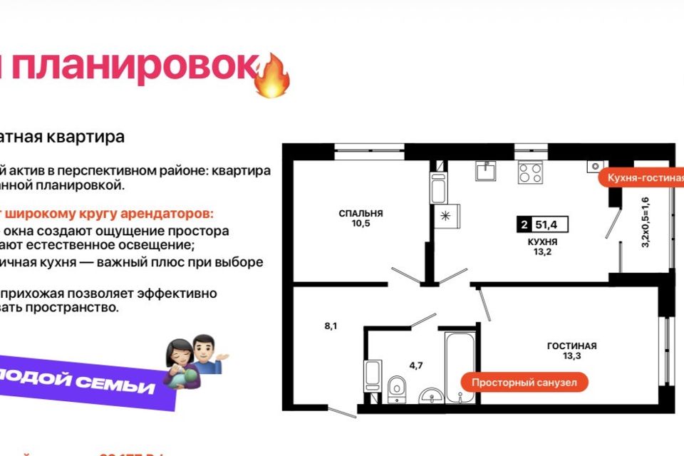 Продаётся 2-комнатная квартира, 51.4 м²