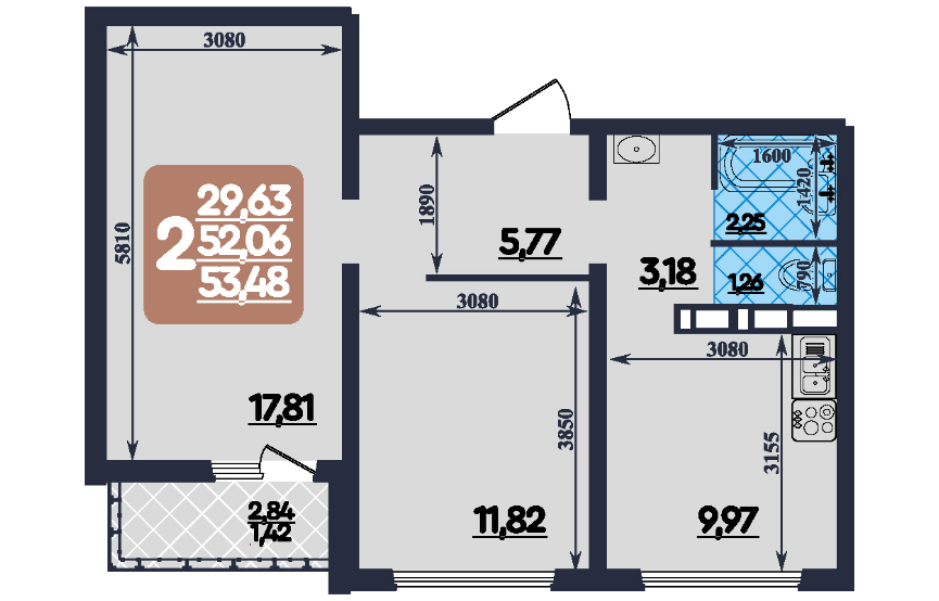 Продаётся 2-комнатная квартира, 53 м²