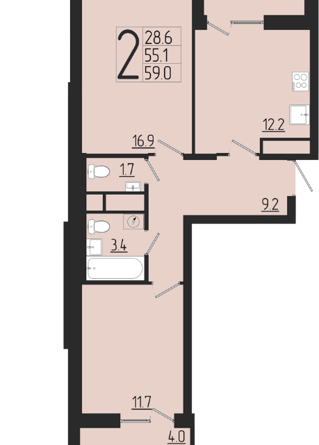 Продаётся 2-комнатная квартира, 59 м²