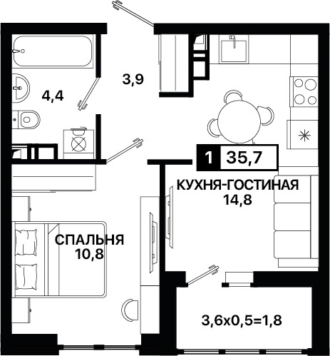 Продаётся 1-комнатная квартира, 35.7 м²