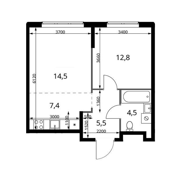 Продаётся 1-комнатная квартира, 44.7 м²