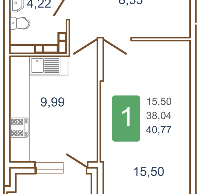 Продаётся 1-комнатная квартира, 42.35 м²