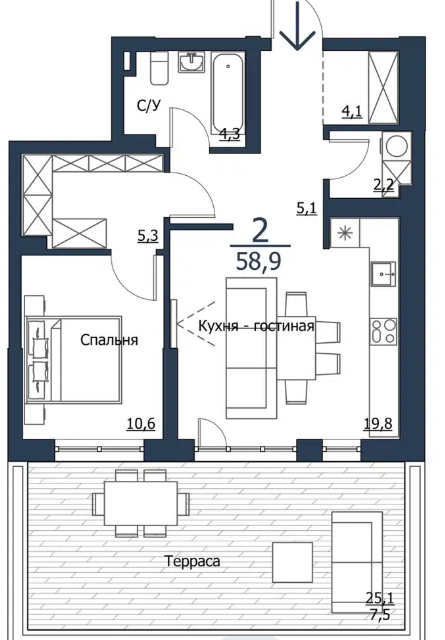 Продаётся 1-комнатная квартира, 58.9 м²
