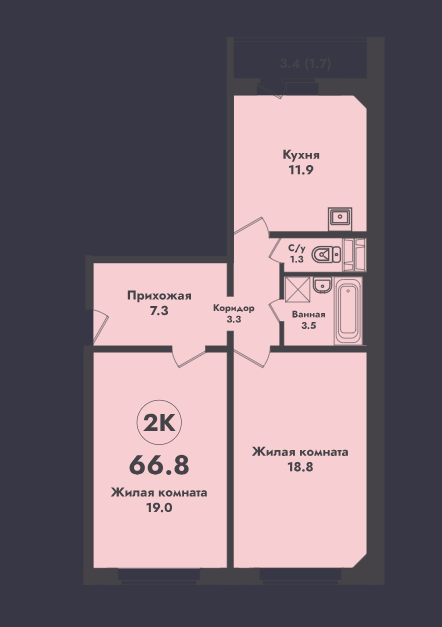 Продаётся 2-комнатная квартира, 66.8 м²