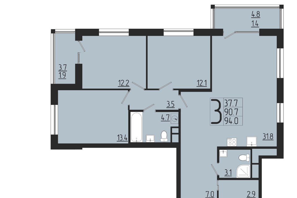 Продаётся 3-комнатная квартира, 94 м²