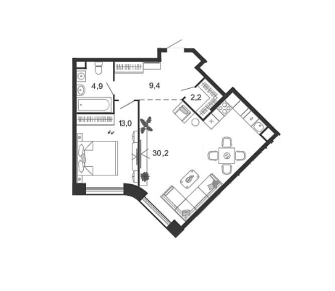 Продаётся 1-комнатная квартира, 59.7 м²