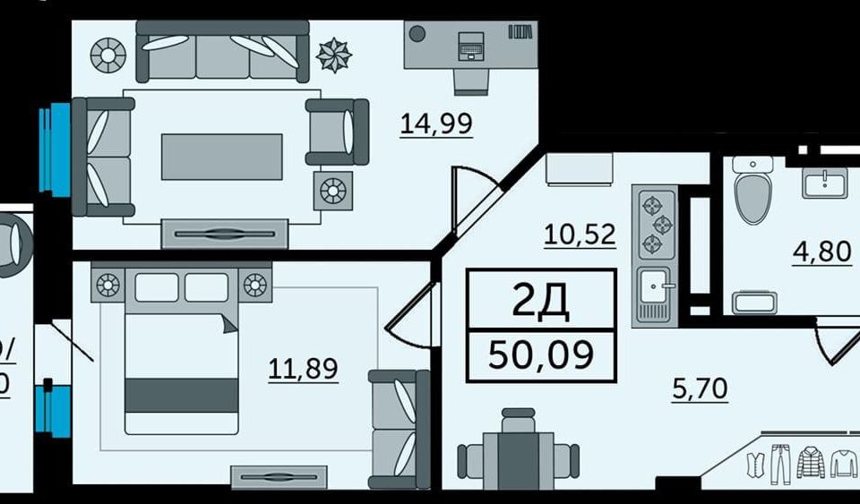 Продаётся 2-комнатная квартира, 52.5 м²