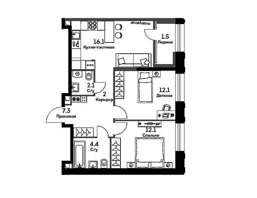 Продаётся 2-комнатная квартира, 57.6 м²