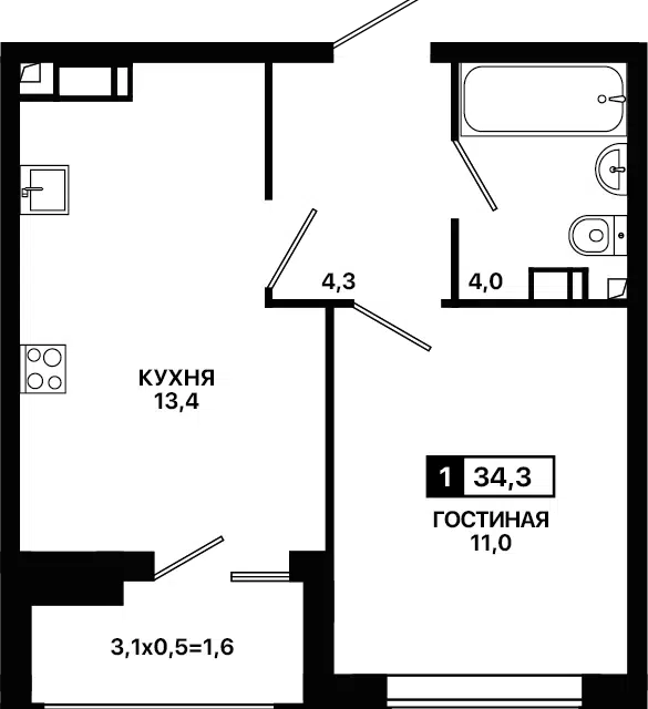 Продаётся 1-комнатная квартира, 34 м²