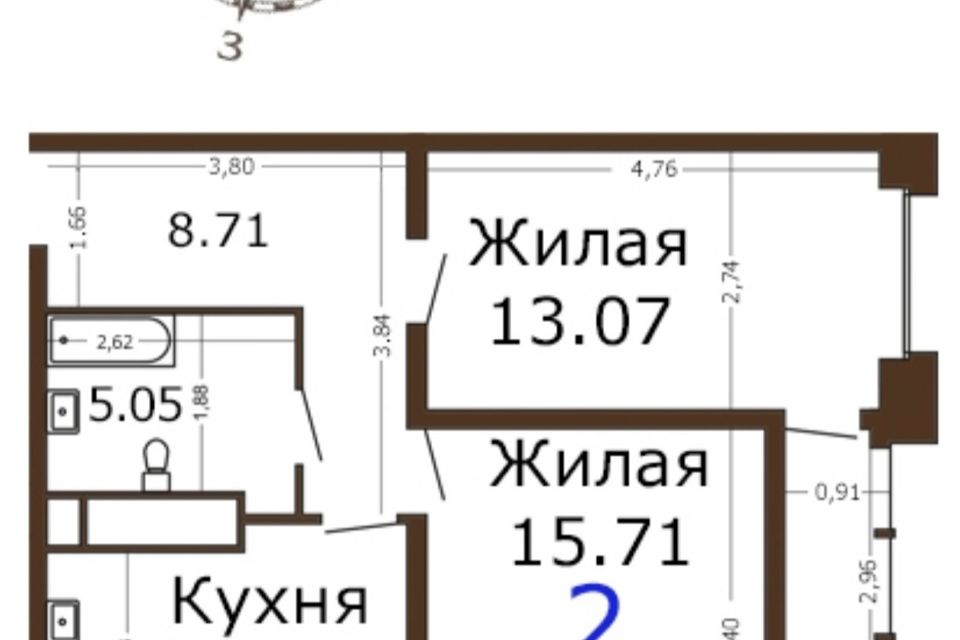 Продаётся 2-комнатная квартира, 51.6 м²