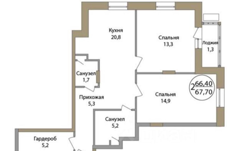 Продаётся 2-комнатная квартира, 69.7 м²