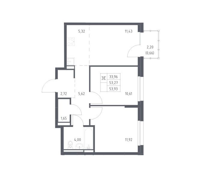 Продаётся 2-комнатная квартира, 53.93 м²