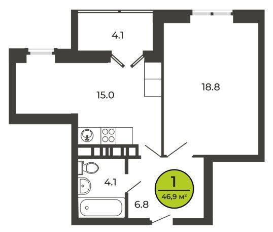 Продаётся 1-комнатная квартира, 46.9 м²