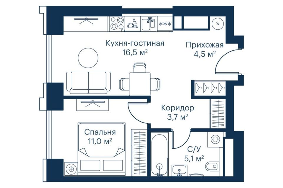 Продаётся 1-комнатная квартира, 40.6 м²