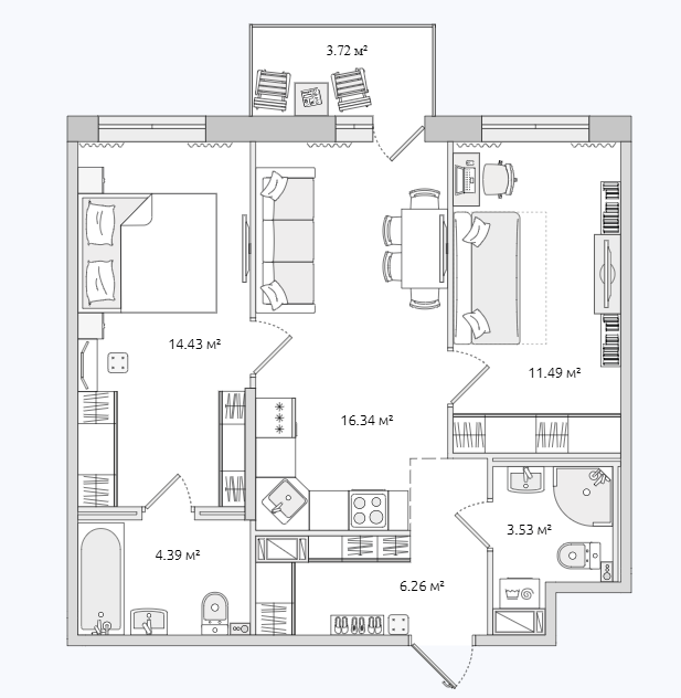 Продаётся 2-комнатная квартира, 57.3 м²