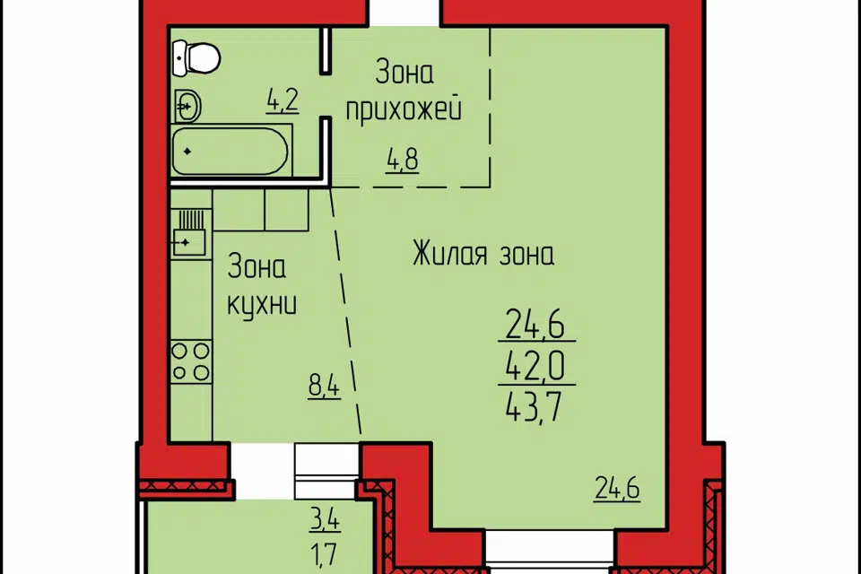 Продаётся 1-комнатная квартира, 42.3 м²