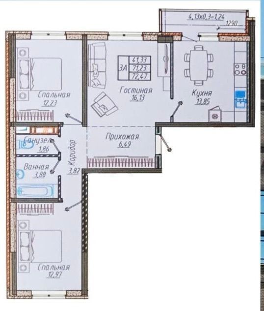 Продаётся 3-комнатная квартира, 74 м²