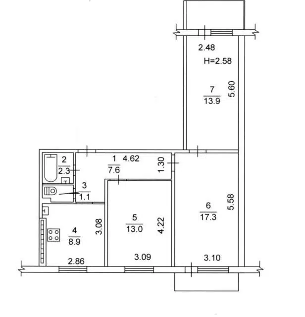 Продаётся 3-комнатная квартира, 64 м²
