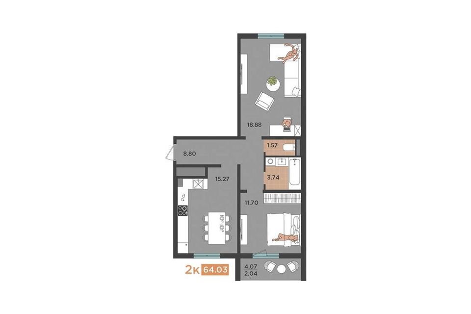Продаётся 2-комнатная квартира, 64.2 м²
