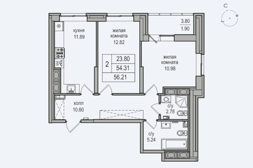 Продаётся 2-комнатная квартира, 55.8 м²
