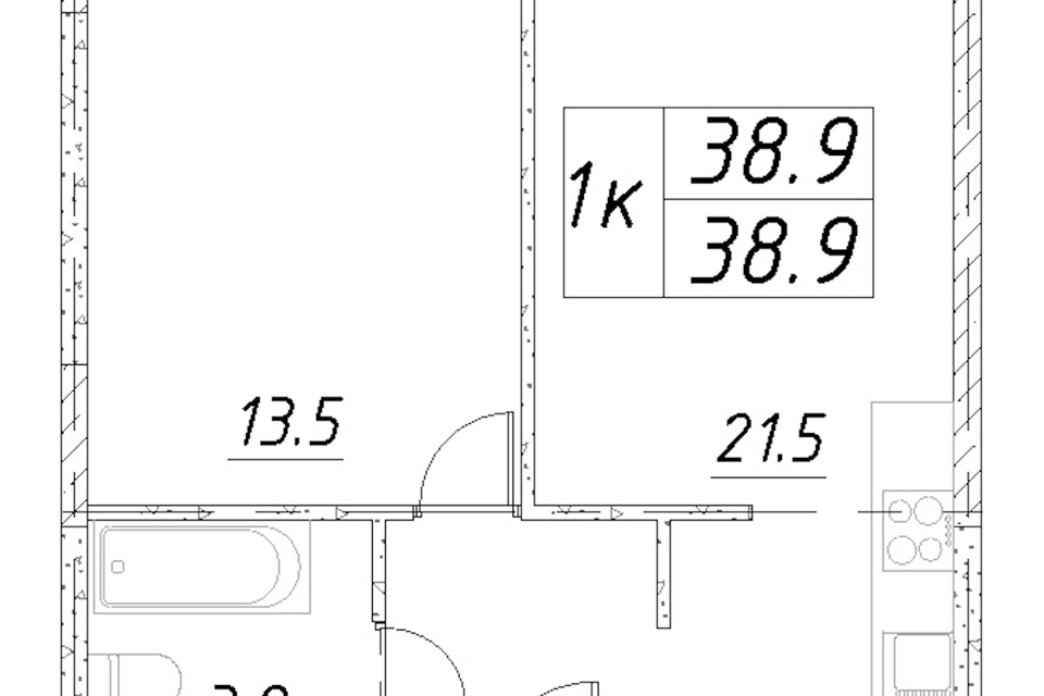 Продаётся 1-комнатная квартира, 38.9 м²