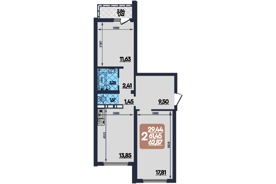 Продаётся 2-комнатная квартира, 63 м²