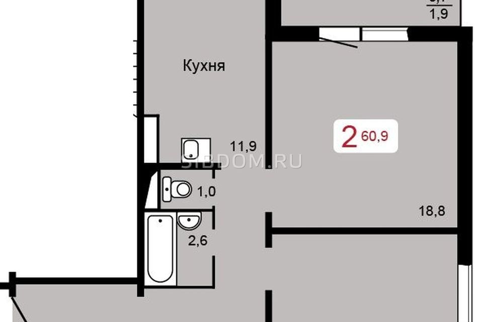 Продаётся 2-комнатная квартира, 60.9 м²