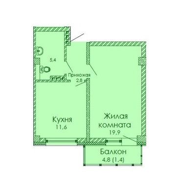 Продаётся 1-комнатная квартира, 39.1 м²