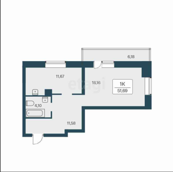 Продаётся 1-комнатная квартира, 52.22 м²