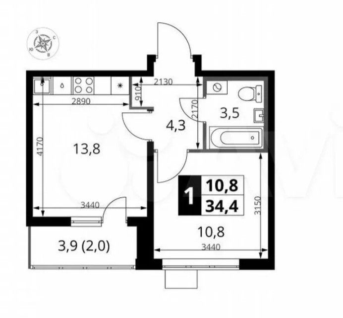 Продаётся 1-комнатная квартира, 34.4 м²