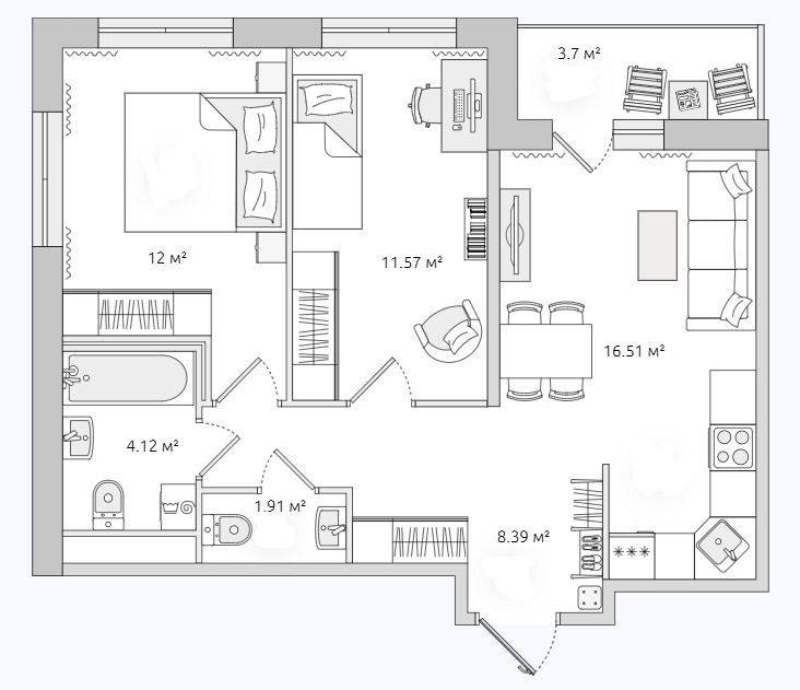 Продаётся 2-комнатная квартира, 53.4 м²