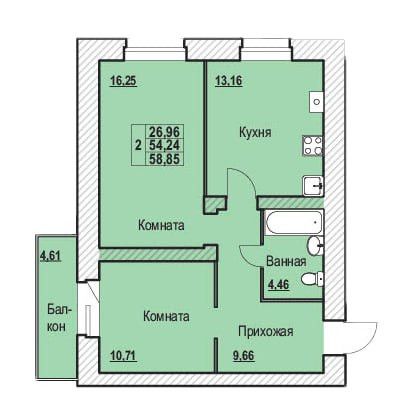Продаётся 2-комнатная квартира, 58.85 м²