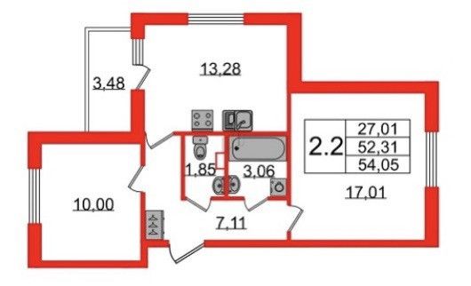 Продаётся 2-комнатная квартира, 51.7 м²