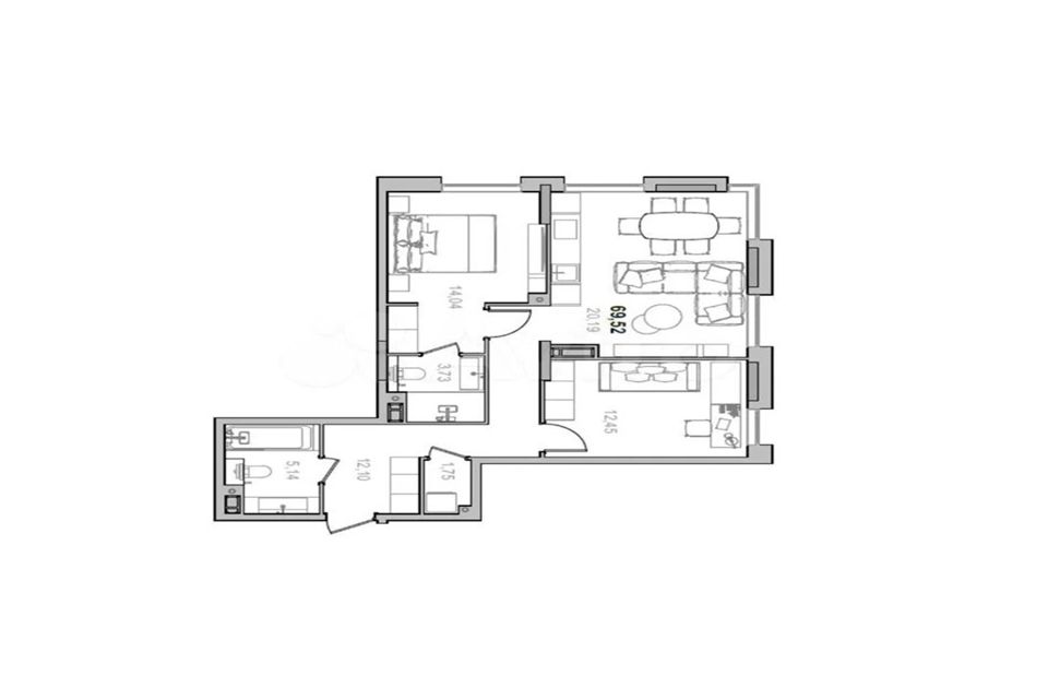 Продаётся 2-комнатная квартира, 69.52 м²